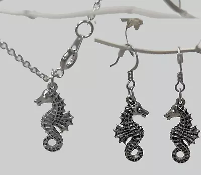 Seahorse Necklace Earrings Jewelry Gift Set Silver Sealife Pewter Pendant Charm • $14.95