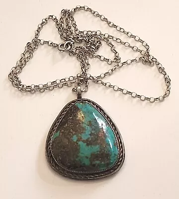 C.1960: Wow! Rare Signed Navajo Natural Bisbee Turquoise Nickel Silver Pendant • $270