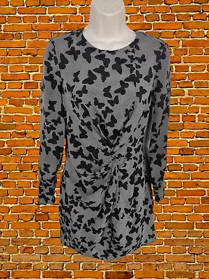 Womens Oasis Size 8 Black Mix Long Sleeve Twist Wrap Mini Dress Butterfly Print • £14.99