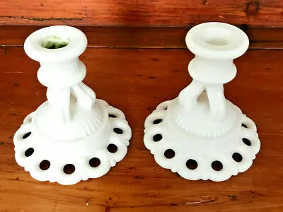 Vintage Westmoreland Milk Glass Candlesticks Candle Holders Doric Lace Set Of 2 • $0.99