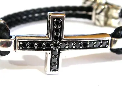 David Yurman Silver Leather Mens Black Diamond Cross Bracelet • $649.99