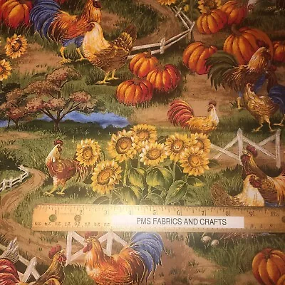VIP Cranston Down On The Farm Roosters Chickens 100% Cotton Fabric By The Yard • $7.25