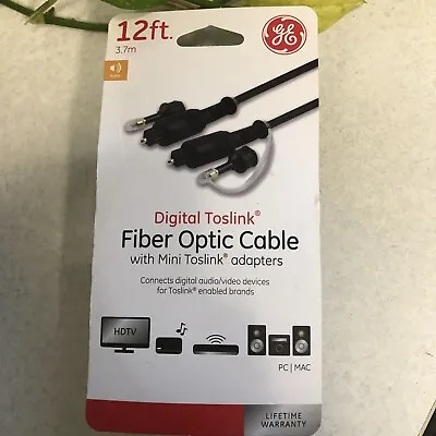 GE Lighting 34297 Black Digital Fiber Optic Cable & Mini Toslink Adapter 12 Ft. • $14.95