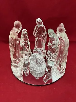 Christmas 7 Piece Glass Nativity Set With Round Mirror Miniature 4  Tall • $15.95