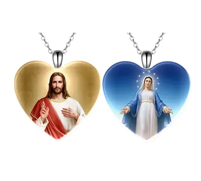 Jesus & Mary Heart Shaped Necklaces Pendant Set Catholic Jewelry Gift • $16.99