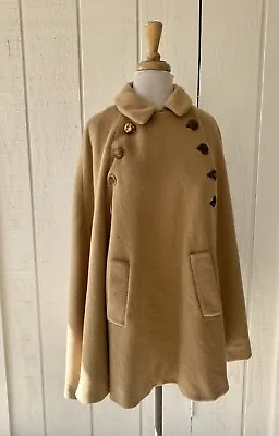 Vtg 70s Camel Wool Blend Cape Brown Jacket Poncho Boho Buttons OS As Is • $55