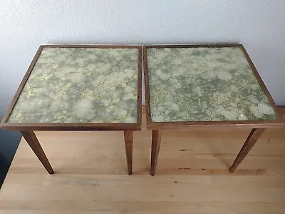 2 Vintage MCM Hollywood Regency Gold Green Laminate Top Wood Small Side Tables • $159.20