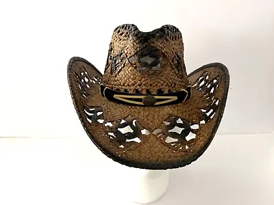 Tan & Dark Brwn Straw Western Pinch Front Hat W/Leather Concho Hatband Kids Size • $19.99