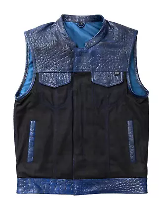 Leather Vest Crockodile Plated Leather Blue Wax Motorcycle Mens Vest Denim • $195