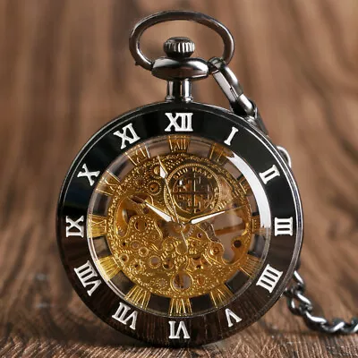 Mens Hand Wind Mechanical Pocket Watch Black Open Face Roman Numerals FOB Chain • $14.87