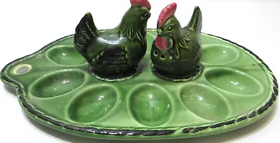 Vintage Vicki Japan Deviled Egg Tray Plate W Chicken Salt & Pepper Shakers Green • $35.19