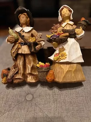 Vintage Hallmark GANZ 8” Pilgrim Couple Figurines  Wood Look Carved Resin  • $20