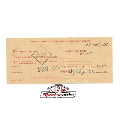 Marilyn Monroe Bank Issue Service Charge Receipt Dated 12-12-51 • $124.99