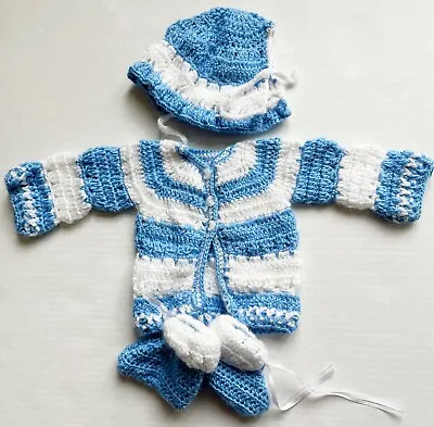 Handcrafted Crochet Dress Blue White Sweater Booties Cap Preemie Winter Wear • $12.99