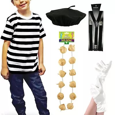 New Kids French Man Mime Artist Fancy Dress T Shirt Beret Braces Gloves Costume • £4.99