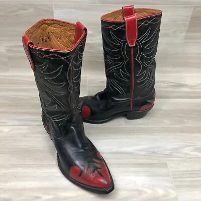 Rare Vintage ACME Black Red Flame Leather Cowboy Boots Inlay Mens 9 D Good Cond • $375