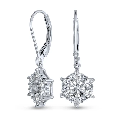 $32.99 • Buy Marquise Winter CZ Snowflake Leverback Drop Earrings Sterling Silver