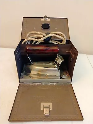 Vintage Sunbeam Electric Travel Iron No. S2 Wood Handle Cloth Cord Metal Case • $35