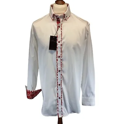 Rich & Famous Italian Couture Fitted Shirt 100% Cotton White With Contrast Trim • £14.95