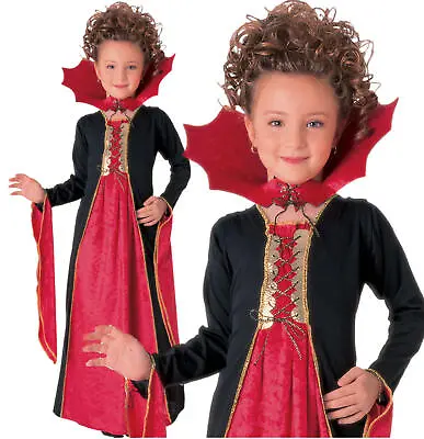 Kids Girls Gothic Vampire Dracula Vampiress Halloween Fancy Dress Costume 3-10 • £14.65