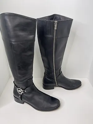 Michael Kors Tall Black Leather Boot Buckled Side Zip Women's 8.5M  Riding • $49.95