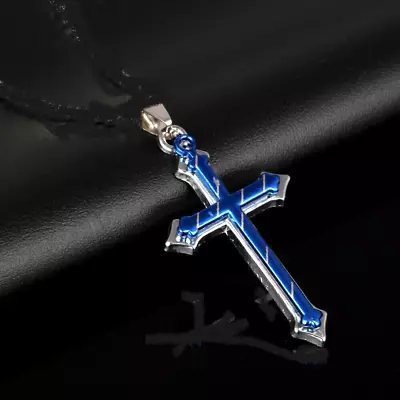 CROSS CRUCIFIX Blue Pendant 24  Sterling Silver 925 Necklace Christian Men FAITH • $16.99