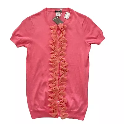 J.Crew Cardigan Womens XS Barbiecore Pink Raw Edge Ruffle Short Sleeves Buttons • $35.95