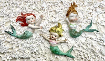 Vintage 50's Norcrest Set Of 3 Mermaids Wall Decorations Marked P-300 • $275