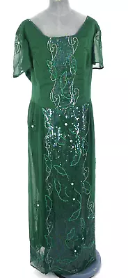 Vintage Couture Dress Maxi Sequins Emerald Green Beaded Gown Edwardian UK 10 12 • £33.99