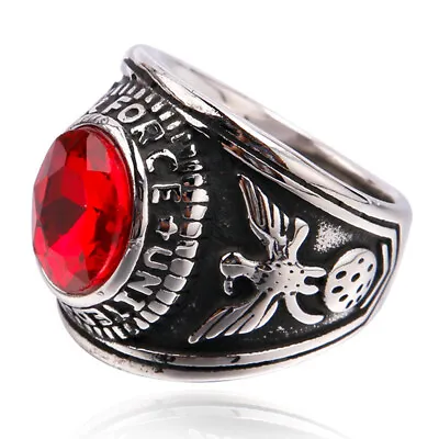 Vintage Eagle Air Force Red CZ Inlay Men's Army Ring Stainless Steel Size 7-13 • $14.98