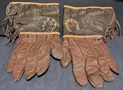 Vintage Roy Rogers And Trigger Brown Leather Beaded Cowboy Gloves Child RARE 50s • $48.89