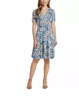 Matty M Ladies' Faux Wrap Short Sleeve Dress - Blue Slate - Size M - 1369412 • $19.99