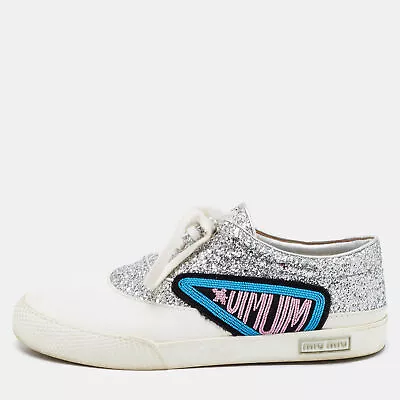 Miu Miu Silver/White Leather And Glitter Patch Slip On Sneakers Size 40 • $101.85