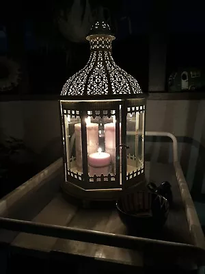 Vintage Shabby Boho Chic Ornate White Rustic Metal Glass Candle Lantern Moroccan • $96