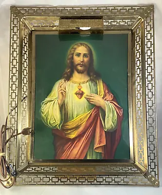Large Vtg Sacred Heart Of Jesus Lighted Picture In Gold Metal Frame 21  By 17  • $64.95
