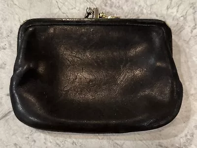 Vtg Coach Vintage Black Leather Tan Interior Double Kiss Lock Coin Purse • $99.99
