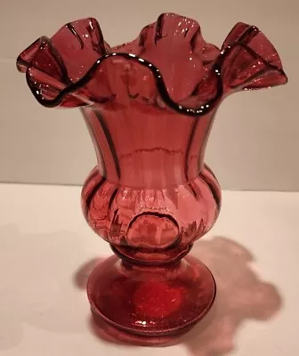 Fenton Pink Cranberry Optic Swirl Vase 6.5  Tall Ruffled Top Art Glass Vintage • $32