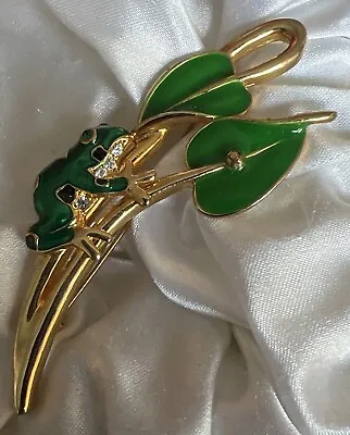 Vintage Frog On Lily Pad Gold Tone Metal Green Rhinestone Estate Brooch Pin  • $11.25