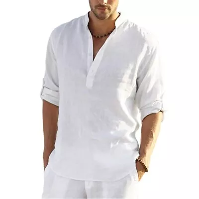 Men's Casual Blouse Cotton Linen Shirt Loose Tops Long Sleeve Tee Shirt • $12.99