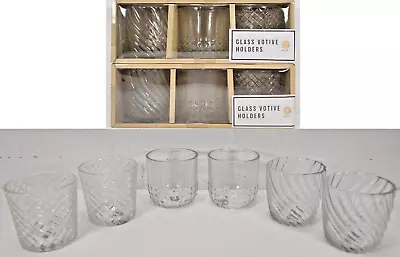 6 Candle Holders 3  Clear  Glass Votive 2 Cross Etched 2 Ribbed Swirl  2 Hobnail • $14.45