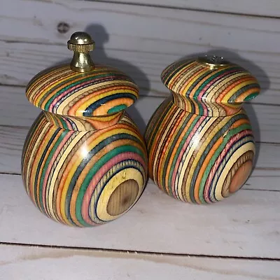 Vintage Mr. Dudley Rainbow Striped Wood SALT SHAKER & PEPPER GRINDER MILL SET • $5.99