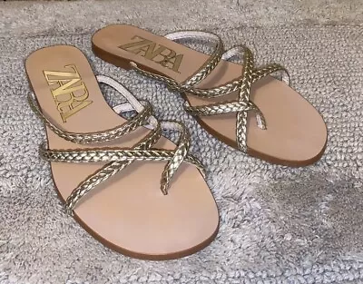 Zara Women’s Size 6.5 US 37 EU Gold Thong Braided Straps Sandals • $24.99