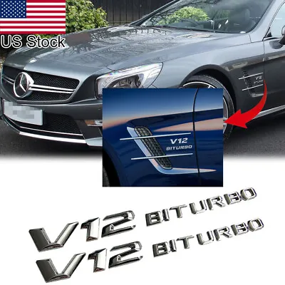 2x Glossy Chrome V12 BI TURBO Emblem Badge Fender For Mercedes Benz CL63 S65 AMG • $18.99