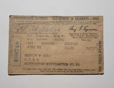 Vintage 1926 Commonwealth Of Pennsylvania Drivers License Card • $18
