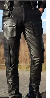 Men Leather Pant Genuine Cowhide Cargo Biker Black Sleek Pants Trouser • $149