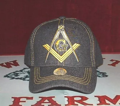 Old School Black Denim Mason Masonic Symbol Embroidered Adjustable Ball Cap. • $16