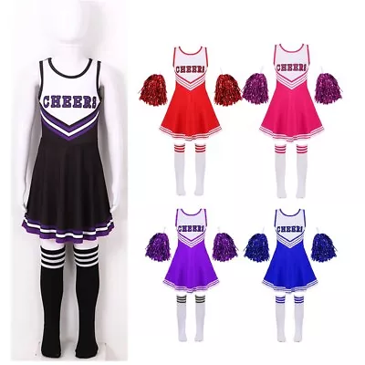 Kids Schoolgirls Cheerleading Dance Outfits Uniform Crop Top+Skirts Set Costume • £25.29