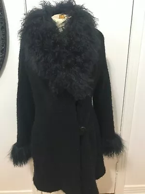 Vintage Black Wool Mongolian Fur Jacket Coat Penny Lane Goth Size Large / XL • $207.19