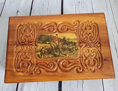 Vintage Wooden Hand Carved Box Hinged Lid With Horse Design • $30