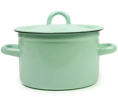 Green Enamel Stockpot Vintage Style Pot Cooking Pot Enameled Soup Pot UKRAINE • $35.95